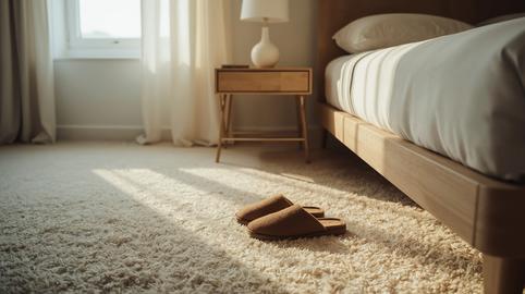 Beige slippers rest on plush rug near bed with soft light