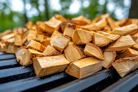 A close-up shot shows a pile of neatly stacked firewood pieces, ready for burning in a grill