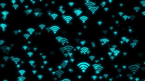 Floating Blue WiFi and 5G Wireless Signal Icons on Black and Green Screen