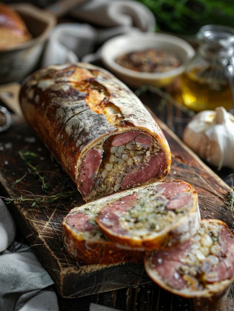 A succulent stuffed meatloaf served on a rustic wooden board, garnished with fresh herbs, ready for
