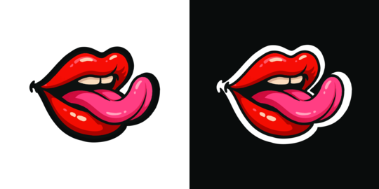 Cartoon red lips sticking out tongue with bold outlines for t-shirt print