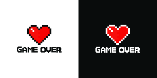 Game over pixel art design with red heart isolated on white and black background