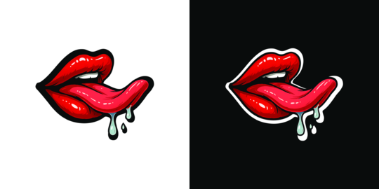 Cartoon red lips sticking out tongue with saliva drops in 90s aesthetic style