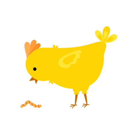 Cute chick eating worm, young farm bird Easter spring holiday funny character