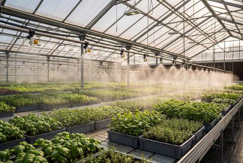Automated overhead sprinkler system watering green herb seedlings in greenhouse
