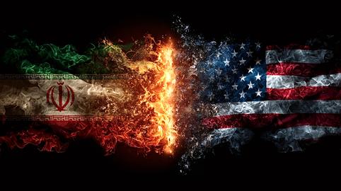 Iran and usa flags clashing in fiery water