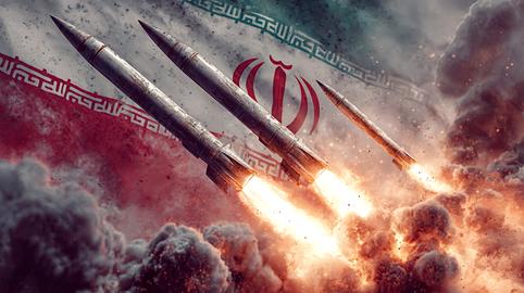 Iran flag with multiple missiles launching into sky