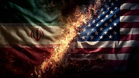 Iran and usa flags burning, symbolizing geopolitical conflict