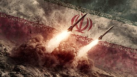 Iran military launching missiles with flag background