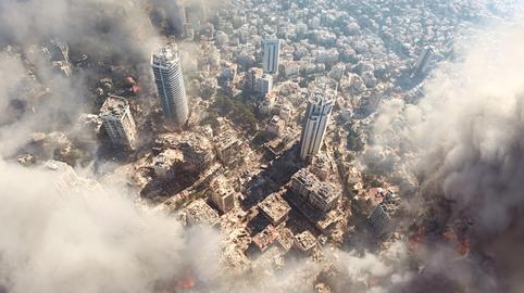 War torn city with widespread destruction and dark smoke