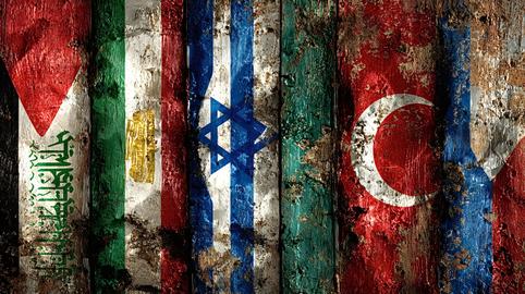 Middle east flags painted on grunge wood experiencing conflict