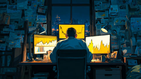 Financial analyst working late night monitoring stock market charts