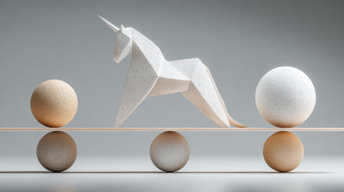 Origami unicorn balancing on spheres in equilibrium