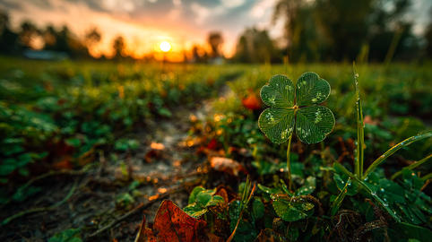 Four-leaf clover bringing luck at sunset
