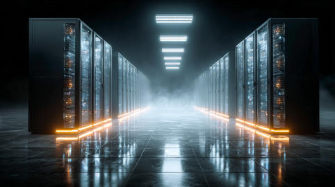 Data center corridor with glowing server racks