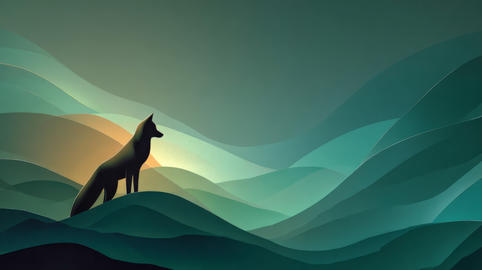 Fox silhouette watching sunrise over green hills landscape