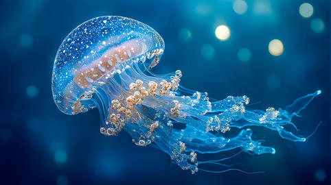 Glowing jellyfish swimming in deep blue ocean water