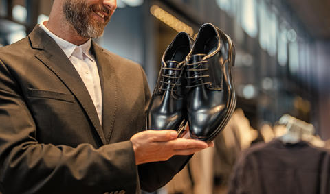 Shoe store. Business man choose elegant footwear in shop. Classic leather shoes formal look. Formal