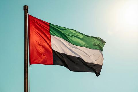 Flag of the united arab emirates waving on a flagpole