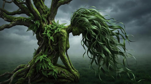 Surreal digital art of an ethereal tree woman. Concept of connection with nature