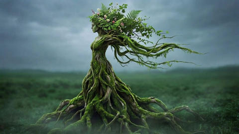 Surreal digital art of an ethereal tree woman. Concept of connection with nature