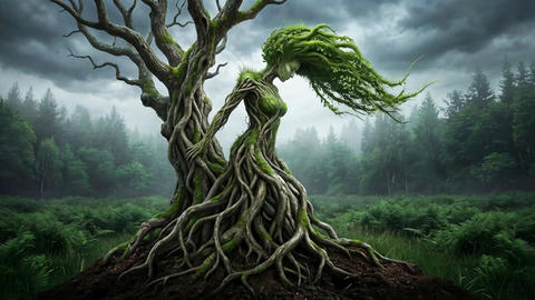 Surreal digital art of an ethereal tree woman. Concept of connection with nature