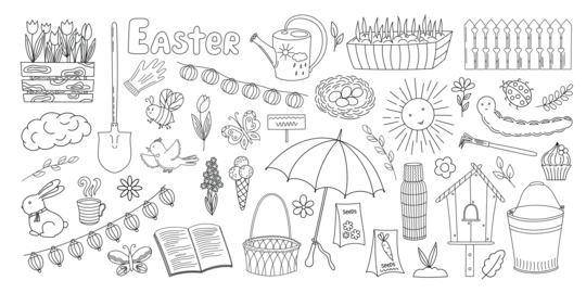 Spring decorative elements set, collection of outline hand drawn simple objects