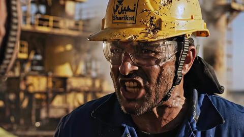 Oil rig worker urgently reporting incident on offshore platform, shouting warning, dirty helmet