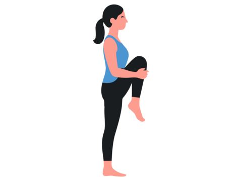 Illustration of woman performing knee stretch pose, fitness exercise, isolated on white background