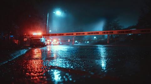 Crime scene tape blocking wet street at night