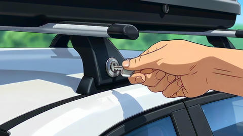 Closeup white male hand unlocking roof rack on white car in daylight, key turning to secure cargo