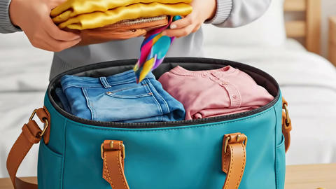 Hands placing tan purse into turquoise duffel bag, colorful scarf peeking, folded denim and shirts