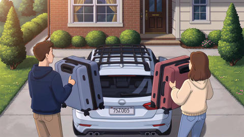 Pair loading luggage together. Partners organizing belongings for weekend adventure. Young couple