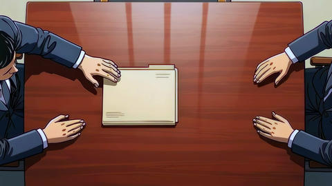Overhead asian negotiators reach for folder on polished table, slow reveal and withheld handshake