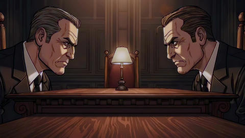 Two executives leaning across table, lamplit woodpaneled boardroom, clenched fists and scowling