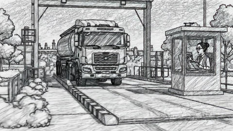 Tanker truck approaching checkpoint booth, security guard checking manifest from booth, truck