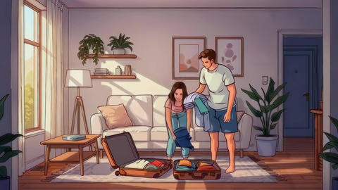 Young couple packing suitcase in lounge, sorting clothes into open bag under warm sunlight, potted