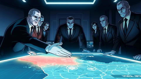 White businessmen gather around digital map table, tense executives and senior advisors lean over