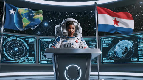 Black female astronaut at podium delivering command briefing in futuristic control room with Earth