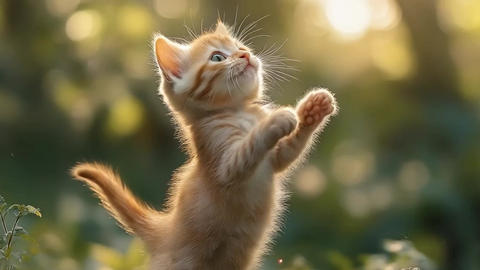 Happy kitten with front paws raised