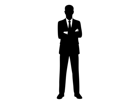 Black silhouette of man in suit with crossed arms, isolated on white background. concept of business