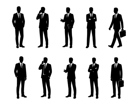 Set of black silhouettes of business professionals men in various poses, isolated on white