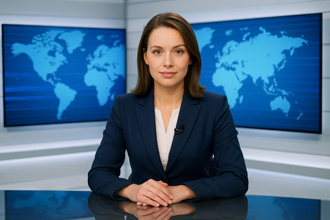 Female news anchor in studio sitting at desk with world map screens in background. concept of