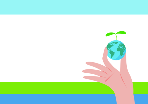 Illustration of fingers pinching the Earth with copy space
