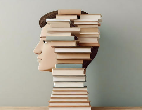 illustration of a reader's head made up of books