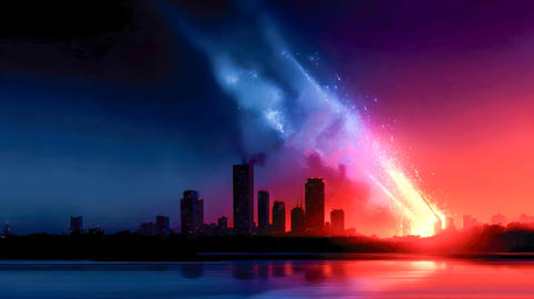 Explosive fireball striking city skyline at dusk, apocalyptic disaster scene with smoke, destruction
