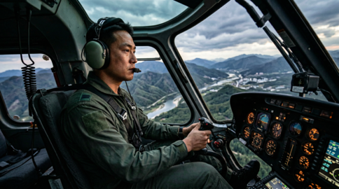 South Korean military helicopter pilot navigating a mountain valley from the cockpit