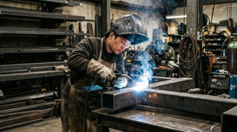 Welder fabricating steel frame in industrial workshop