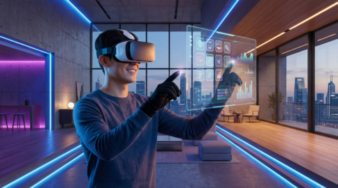 Man using virtual reality headset in neon office
