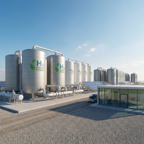 Industrial storage tanks at modern processing plant
